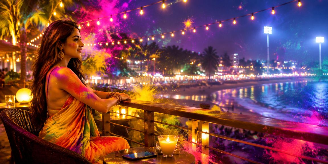 Festive Cricket Betting scene in India with Holi colors